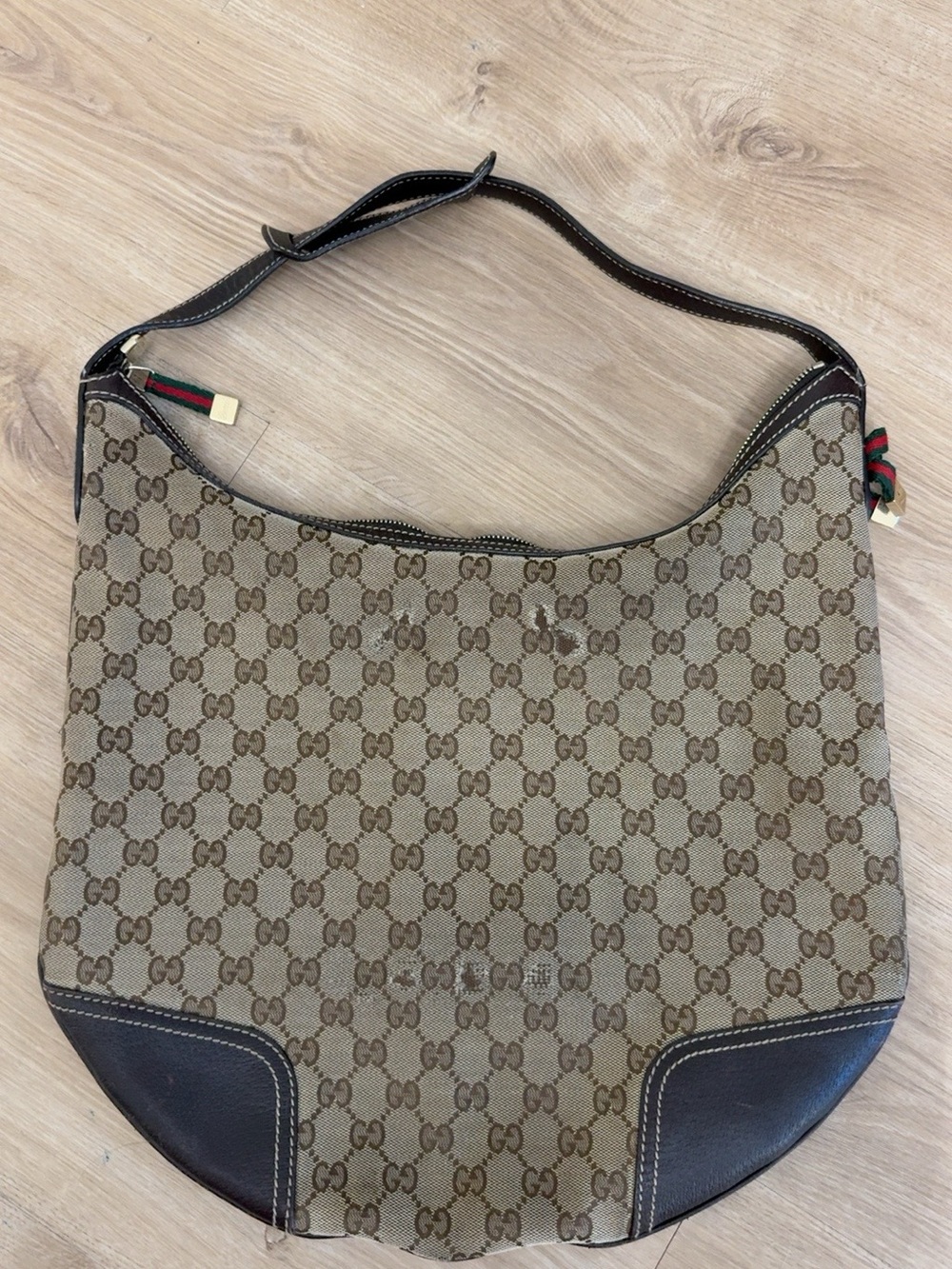 Gucci Brown GG Canvas Shoulder Bag with Dark Brown Trim and Green-Red Web